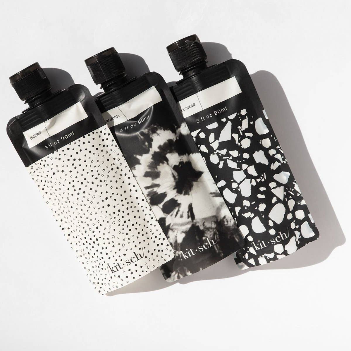 KITSCH - Refillable Travel Pouches 3pc Set - Black & Ivory